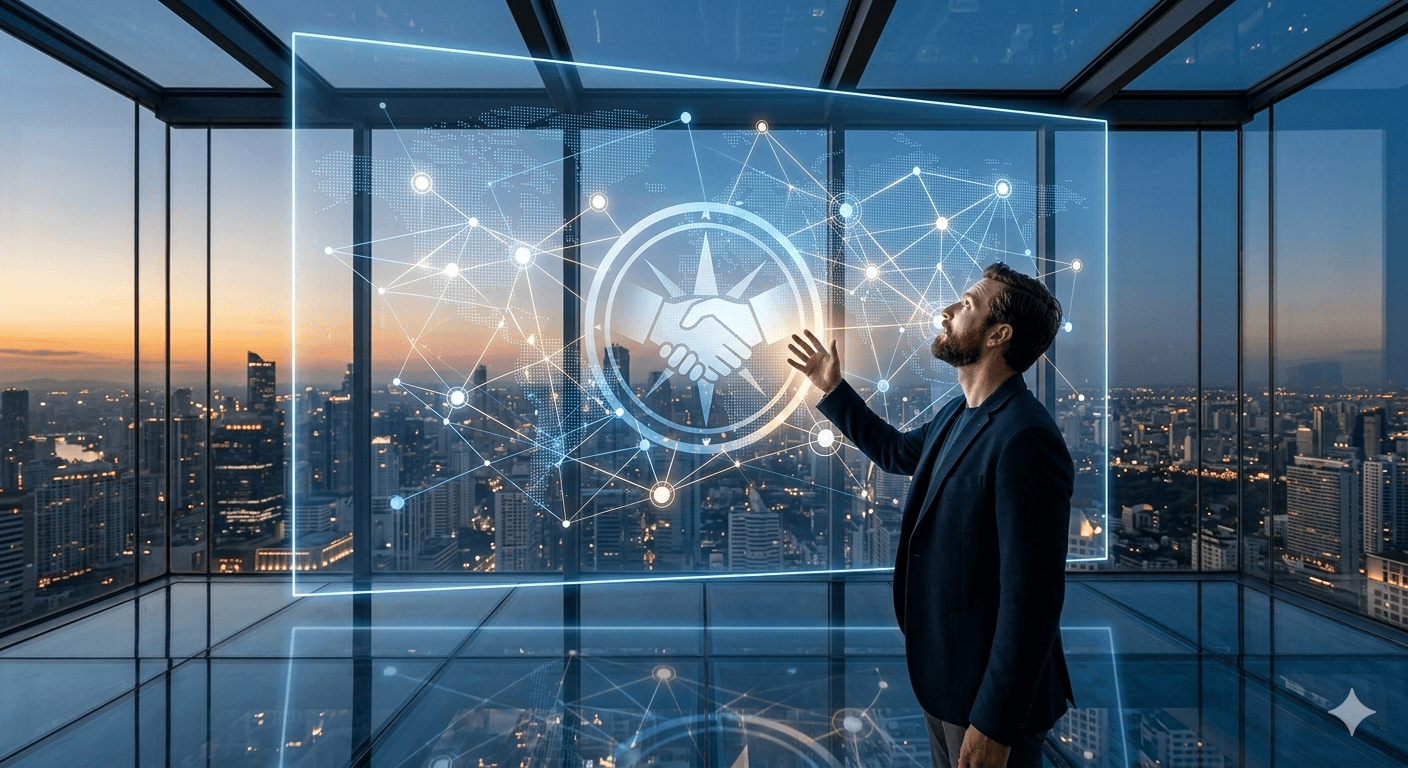 A professional man in a suit standing in a high-rise office at sunset, interacting with a futuristic, holographic glass smart screen showing global networking nodes and a handshake icon.
