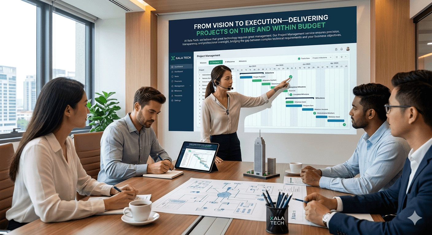 A female Xala Tech project manager presenting a detailed Gantt chart schedule on a large boardroom screen to a team of corporate professionals during an enterprise IT consultation meeting.