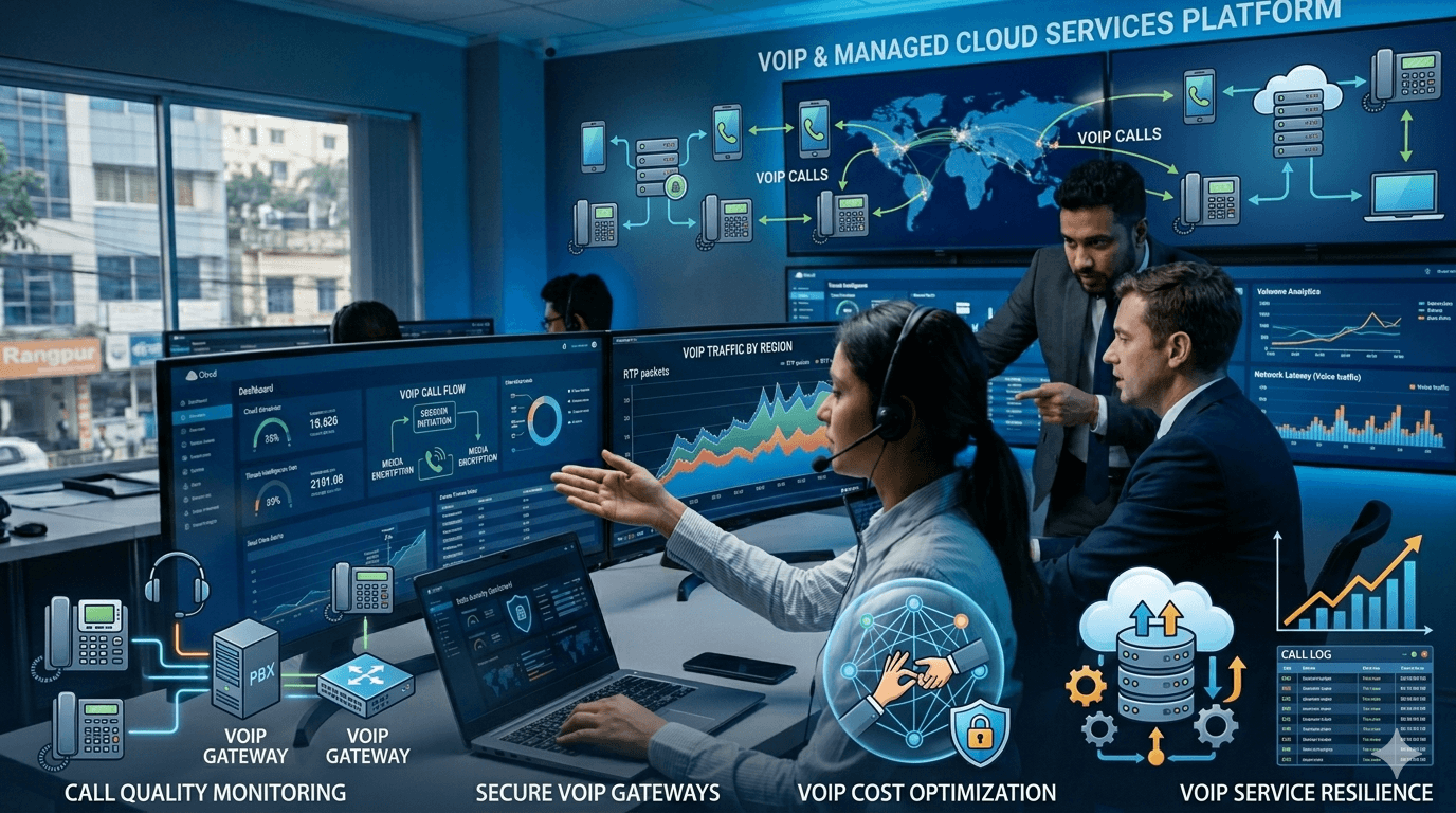 IT engineers in a technical support command center monitoring a VoIP network topology map, analyzing active voice call analytics, secure gateways, and call quality metrics on large overhead screens.