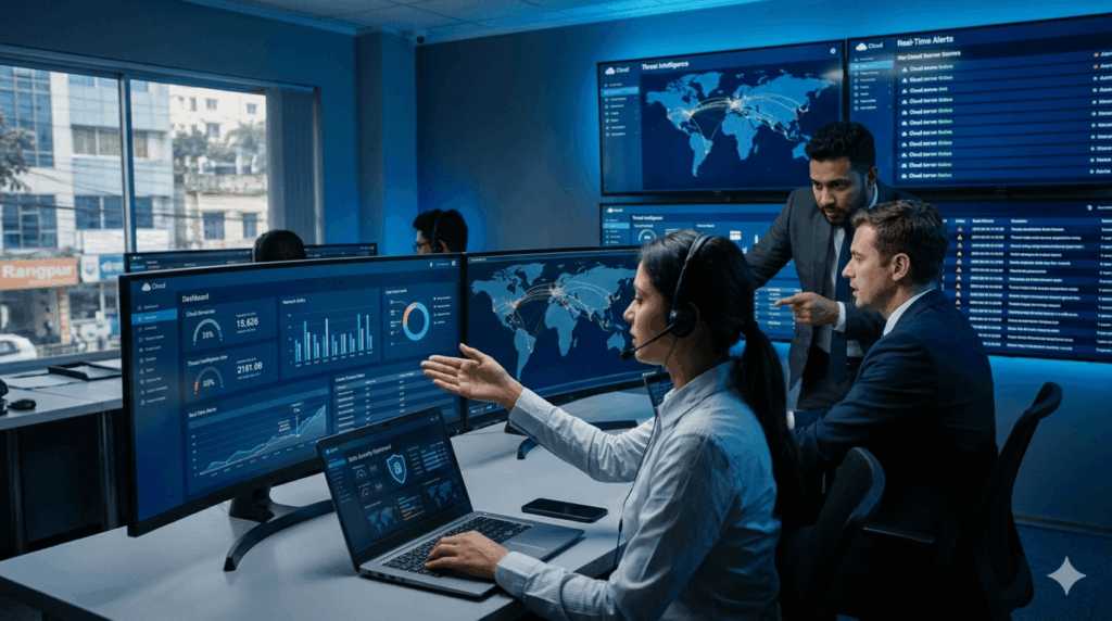 A team of Xala Tech IT specialists in a dark blue network operations center analyzing live threat intelligence maps, global data flows, and performance dashboards across several massive monitors.
