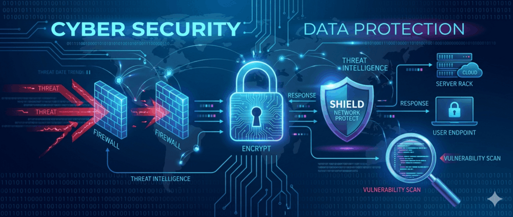 An interactive technical infographic detailing Xala Tech's cybersecurity services, featuring conceptual visuals for firewalls, threat intelligence tracking, data encryption, shield network protection, vulnerability scans, and secure cloud server racks.