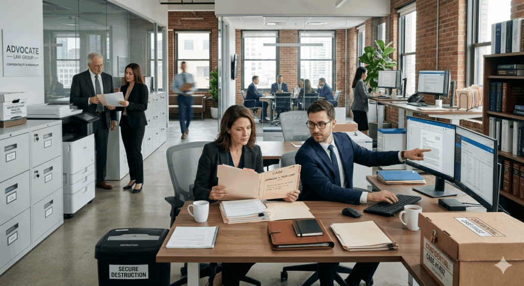 A bustling open-plan corporate office where legal professionals review case files and point to multi-monitor data dashboards at their desks, surrounded by filing cabinets and server storage boxes.