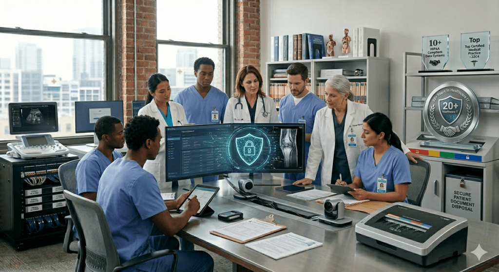 A group of doctors and medical staff in scrubs and white lab coats gather around a conference table reviewing patient data charts and a large monitor displaying a prominent digital shield and padlock security icon.