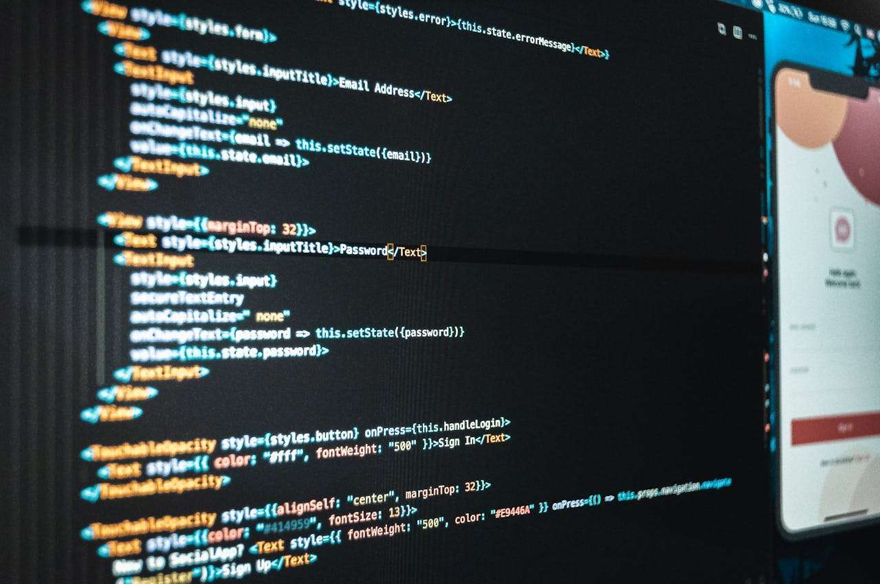 A close-up shot of a dark monitor displaying React Native code for a mobile app login screen with fields for email address and password, alongside a smartphone mockup.