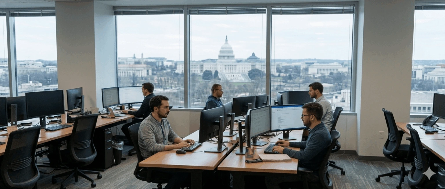 Business professionals working with managed IT support solutions in a modern office overlooking Washington DC.